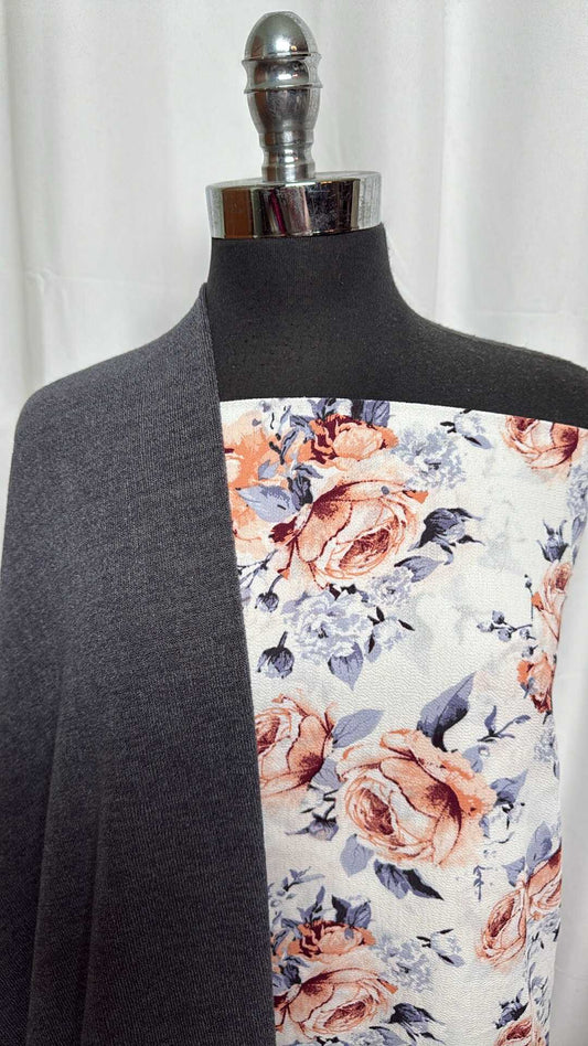 CHAROCAL/IVORY FLORAL BUNDLE : 2YD Ivory Floral Bubble Crepe & 2YD Charcoal Hacci SK : A28923
