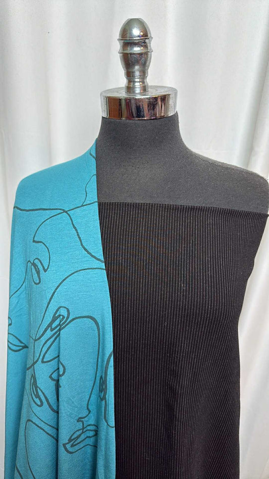 PINSTRIPE/FACES BUNDLE : 2YD Pinstripe Nylon Ponte & 1YD Turquoise Faces Bamboo/Cotton : A28133