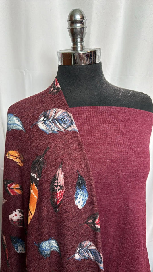 BURGUNDY FEATHERS BUNDLE : 2YD Burgundy Feathers Brushed Hacci SK & 2YD Burgundy Sweatshirt Fleece (72" Wide) : A30037