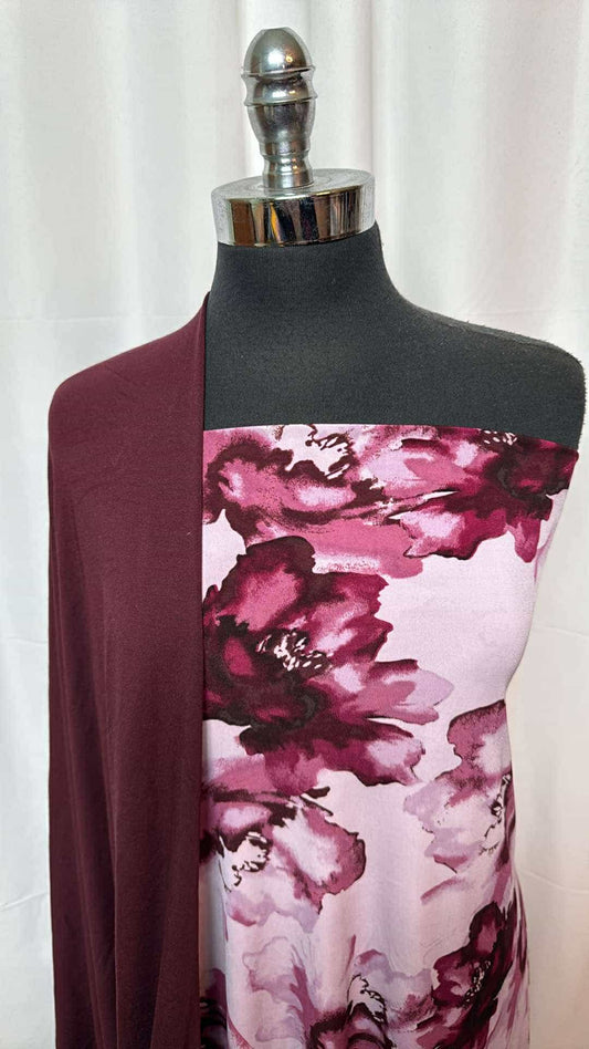 BURGUNDY FLORAL BUNDLE : 1+YD Burgundy Floral ITY & 3YD Burgundy Modal C/S : A26972