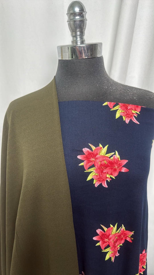 OLIVE/NAVY FLORAL BUNDLE : 2YD Navy Floral DBP & 2YD Olive Crepe Scuba : A30824