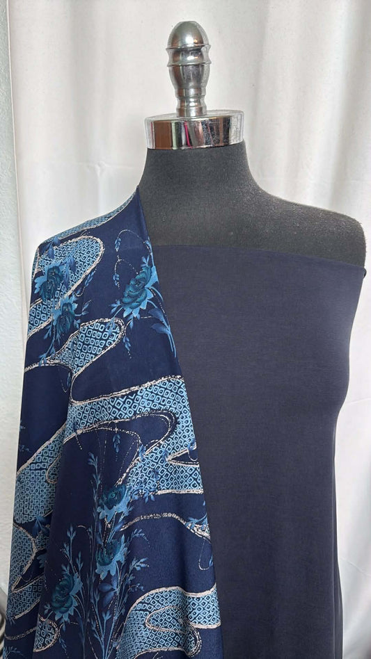 NAVY/FLORAL SWIRL BUNDLE : 3YD Navy Floral Swirl Silk Woven (36" Wide) & 2YD Navy Bamboo C/S : A29770