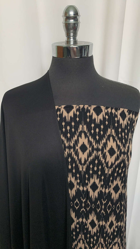 BLACK/TAUPE GEO BUNDLE : 2YD Black/Taupe Geo Crinkle Rayon Woven & 2YD Black Poly Interlock Lining : A25764