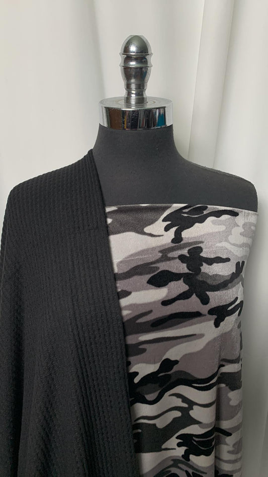 CAMO VELVET/WAFFLE BUNDLE : 1.5YD Camo Stretch Velvet & 2YD Black Brushed Waffle : A2225