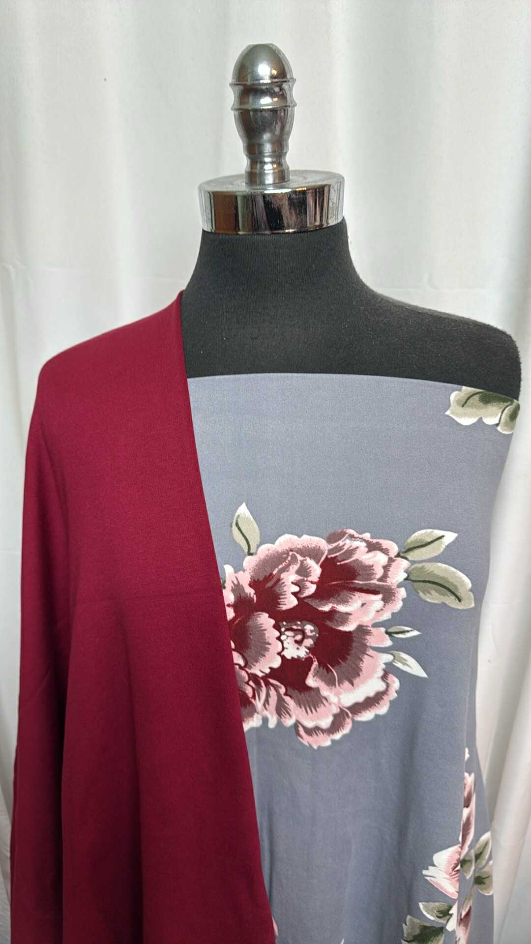 BURGUNDY/GREY FLORAL BUNDLE : 2YD Grey Floral DBP & 1.5YD Burgundy Ponte : A28169