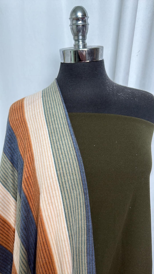 OLIVE/STRIPE BUNDLE : 2YD Olive Crepe Scuba & 3.5YD Stripe Brushed Hacci SK : A30968