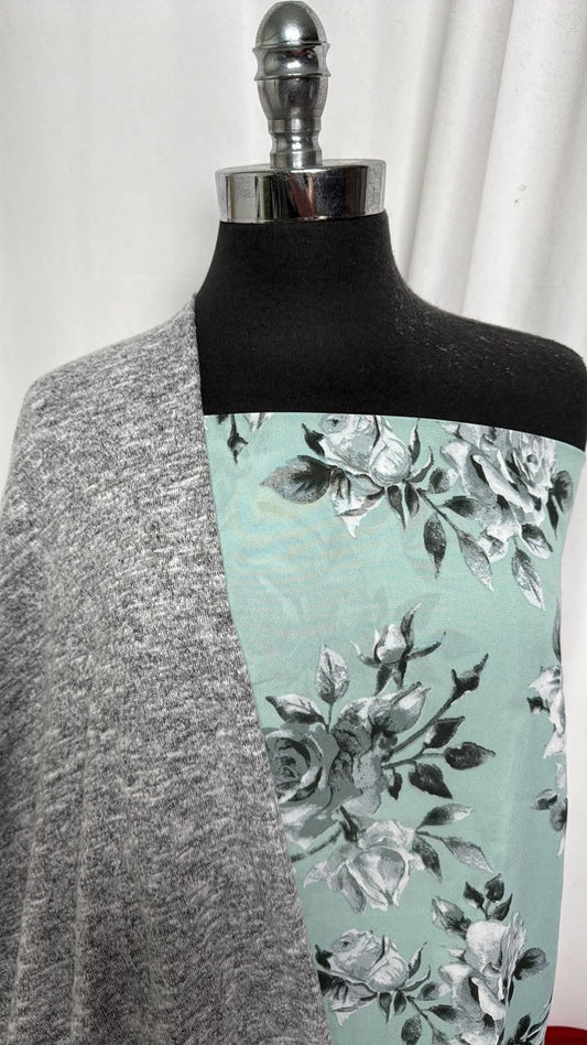 HEATHER GREY/MINT FLORAL BUNDLE : 1.5YD Mint/Grey Floral Poly Woven & 2YD Heather Grey Brushed Hacci SK : A30944
