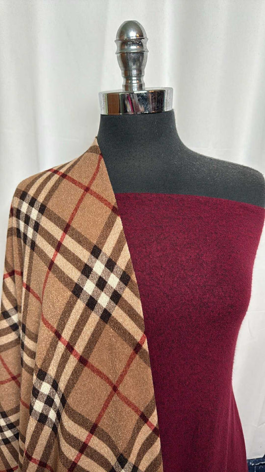 BURGUNDY/TAN PLAID BUNDLE : 3YD Tan Plaid Hacci SK & 3YD Burgundy Brushed Hacci SK : A29115