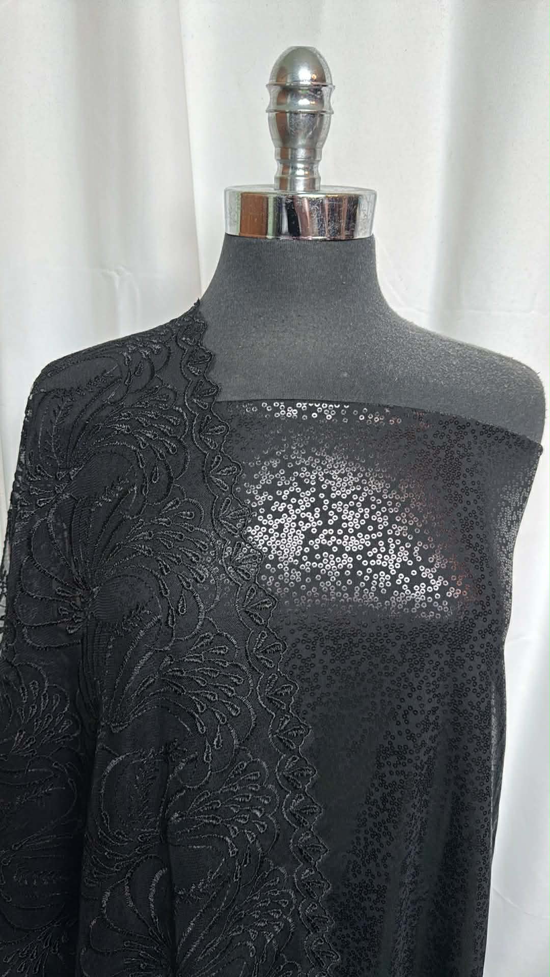 BLACK EMBROIDERED/SEQUIN BUNDLE : 2YD Black Embroidered Mesh & 2YD Black "Sequin" Foil Heavy PF : A29609
