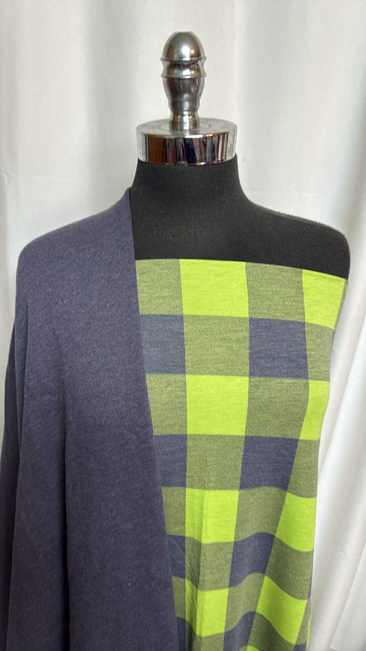 NAVY/PLAID BUNDLE : 2YD Navy/Lime Plaid PRS FT & 1YD Navy Sweatshirt Fleece (72" Wide) : A28545