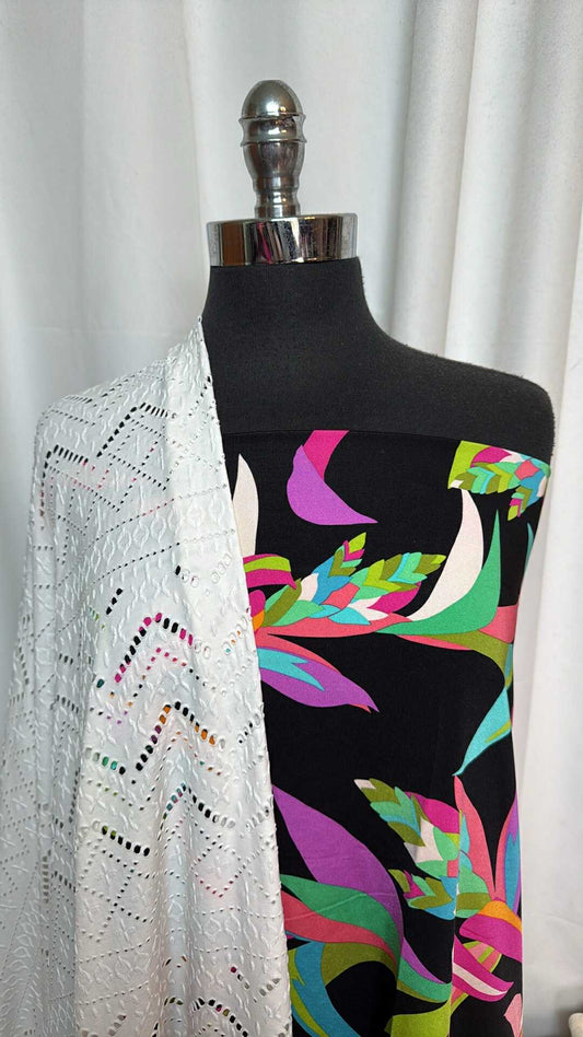 WHITE EYELET/BLACK FLORAL BUNDLE : 1.5YD Black Floral N/S & 2YD White Eyelet N/S : A28821