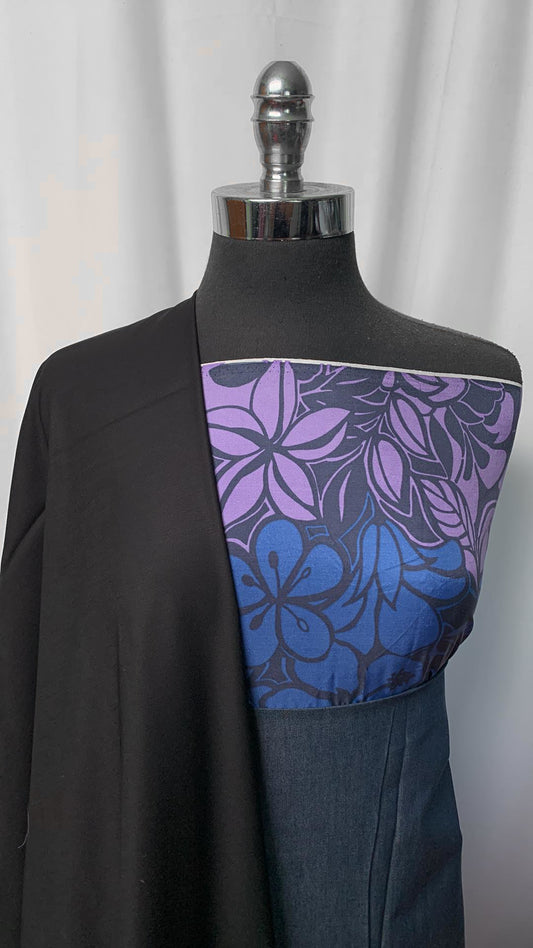 3YD Black Wool-Blend Woven w/Satin Back & 3YD Light-Weight Denim & 2YD Floral Double-Border Silk Woven : VSG014
