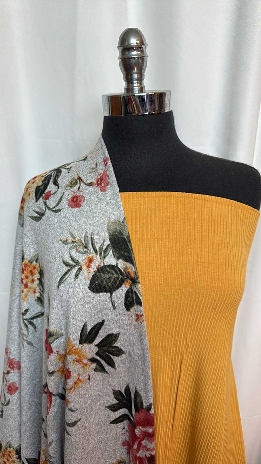 MUSTARD/GREY FLORAL BUNDLE : 2YD Mustard R/S Rib & 2YD Grey Floral Brushed Hacci SK : A28768