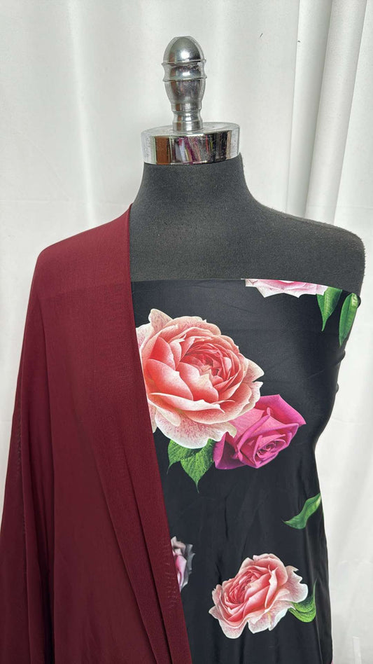 BURGUNDY MESH/ROSES BUNDLE : 1YD Roses N/S & 1YD Burgundy Power Mesh : A27275