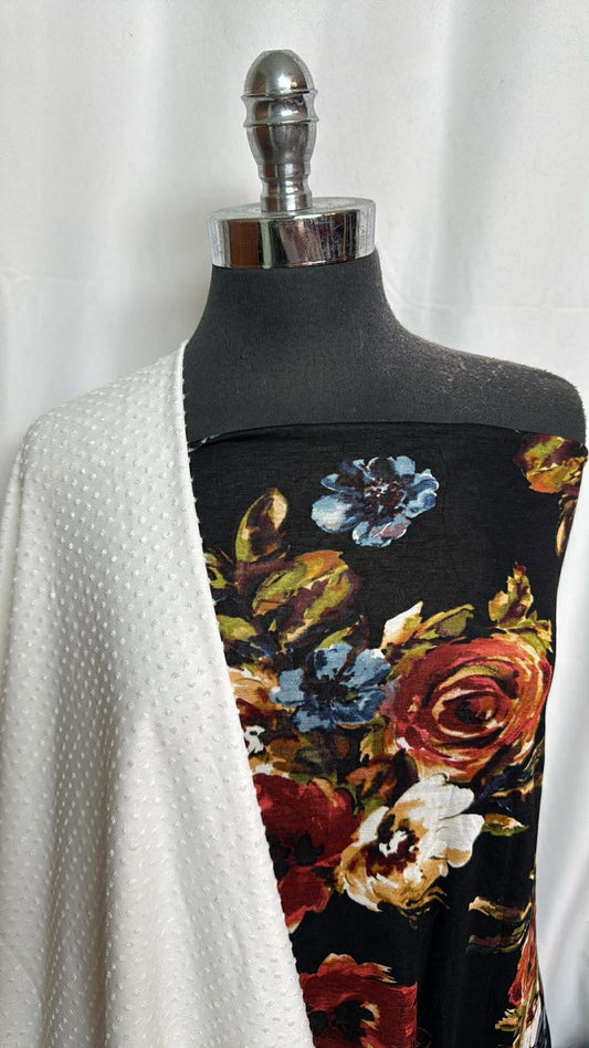 BLACK FLORAL/WHITE DOT BUNDLE : 2YD Black Floral R/S & 2YD White Swiss Dot Jersey : A30039