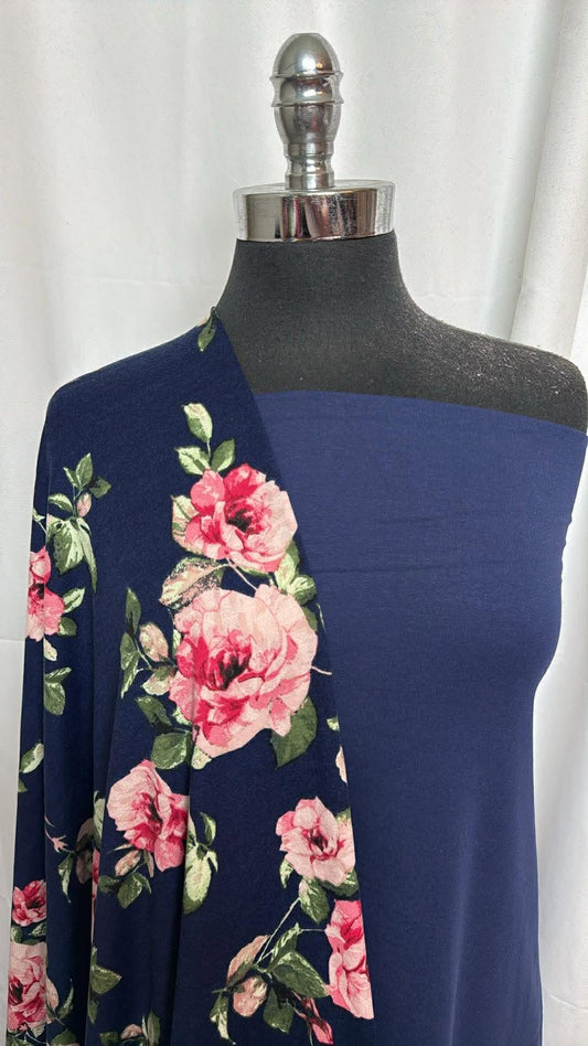 NAVY/PINK FLORAL BUNDLE : 2YD Navy C/S 1x1 Rib & 2YD Navy/Pink Floral Brushed Hacci SK : A30496