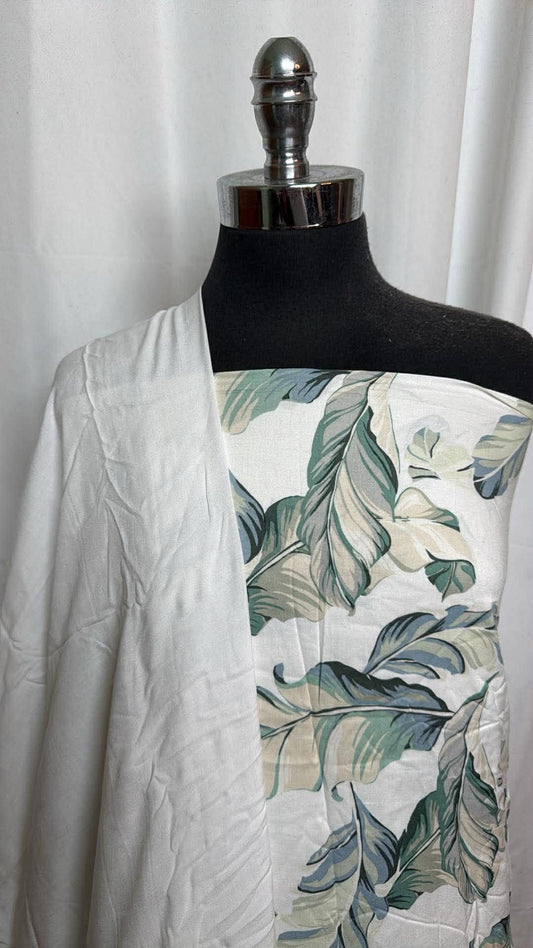 WHITE/LEAVES BUNDLE : 2YD Leaves Rayon Challis & 2YD White Rayon Challis : A30130