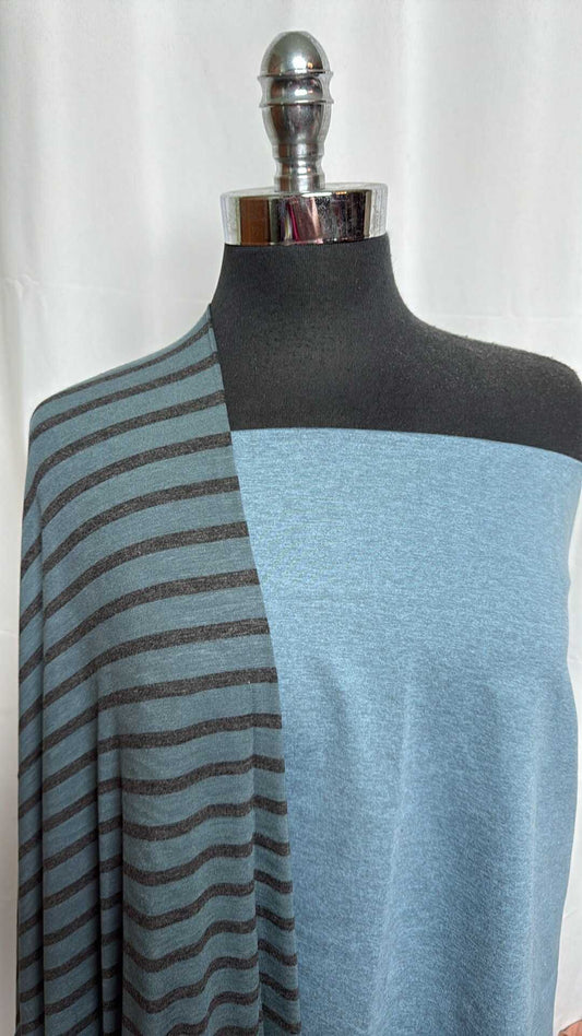 STORMY BLUE CLOUD/STRIPE BUNDLE : 34" Cut of Stormy Blue/Blue Cloud Peached PF & 2YD Stripe Bamboo : A28967
