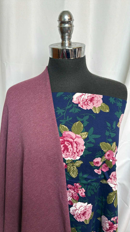 DARK MAUVE/NAVY FLORAL BUNDLE : 2YD Navy Floral DBP & 2YD Dark Mauve Sweatshirt Fleece (72" Wide) : A28546