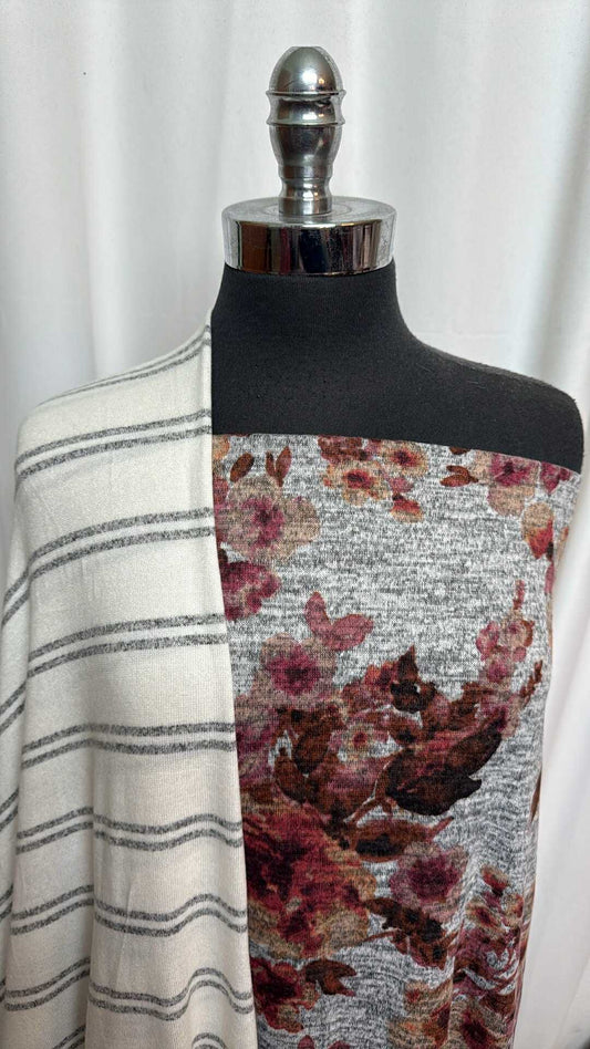 GREY FLORAL/STRIPE BUNDLE : 2YD Grey Floral Brushed Hacci SK & 2YD Ivory/Grey Stripe Brushed Hacci SK : A28111