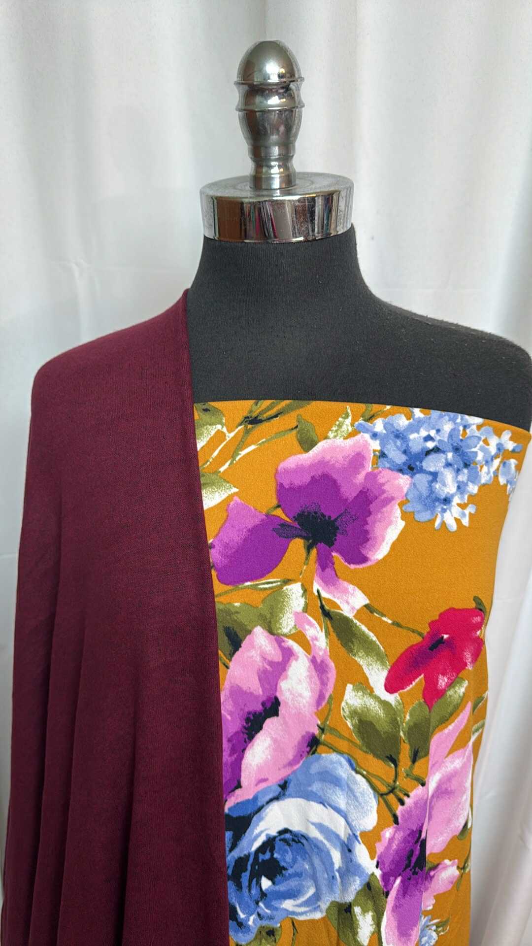 BURGUNDY/MUSTARD FLORAL BUNDLE : 2YD Burgundy Brushed Hacci SK & 3.5YD Mustard Floral Crepe Scuba : A28600