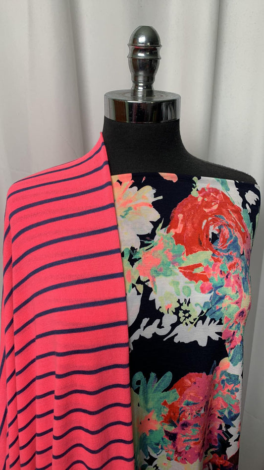 NEON STRIPE/FLORAL BUNDLE : 2YD Floral Bulgari & 2YD Neon Stripe Light-Weight SK : A1793