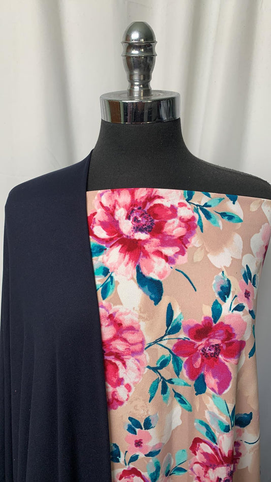 TAUPE FLORAL/NAVY BUNDLE : 2.5YD Taupe Floral Crepe Scuba & 2YD Navy DBP : A1862