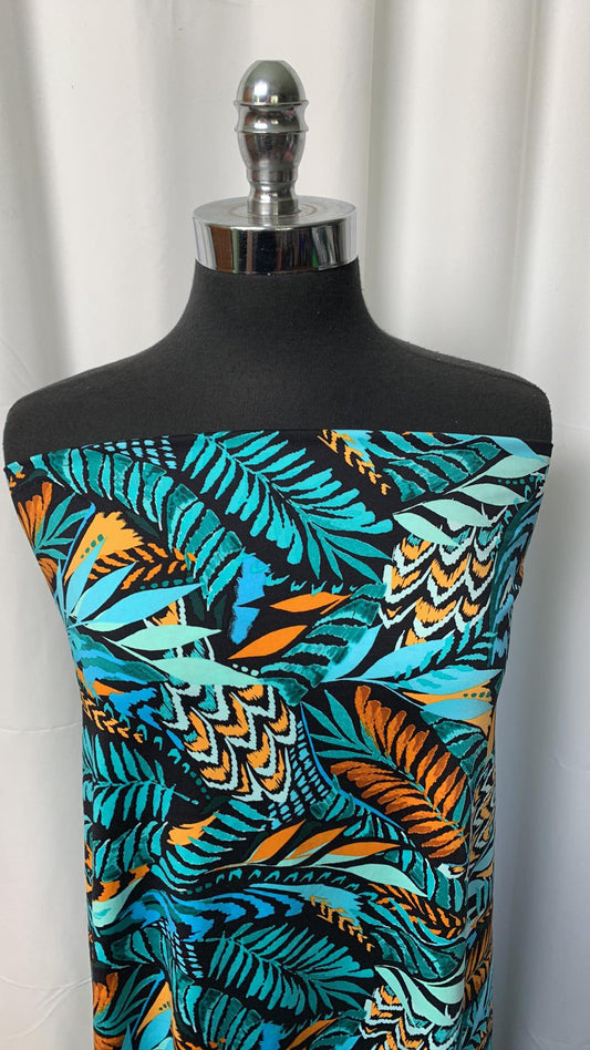 Teal/Rust Leaves - Designer Swim/Nylon Spandex - 2 Yard Cut