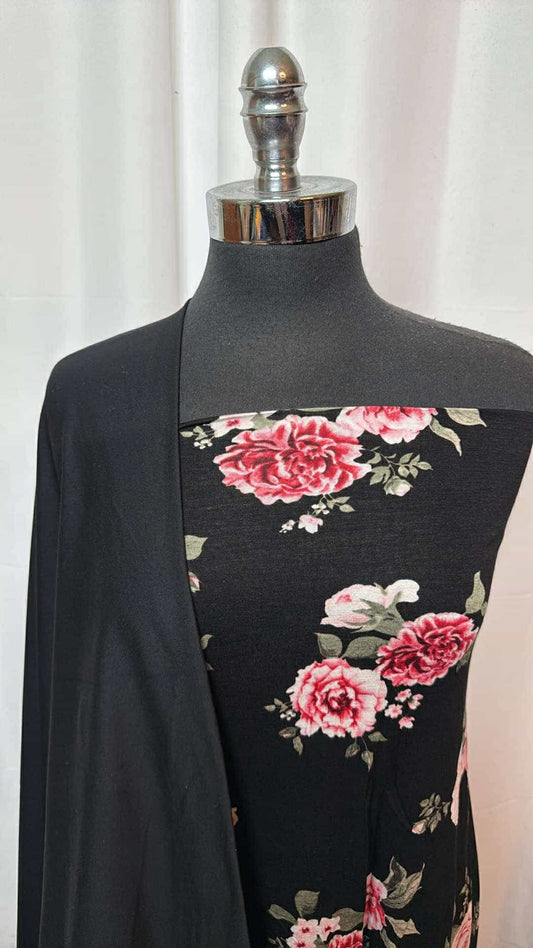 BLACK/BLACK FLORAL BUNDLE : 2YD Black Floral R/S & 1YD Solid Black Peached PF : A26974