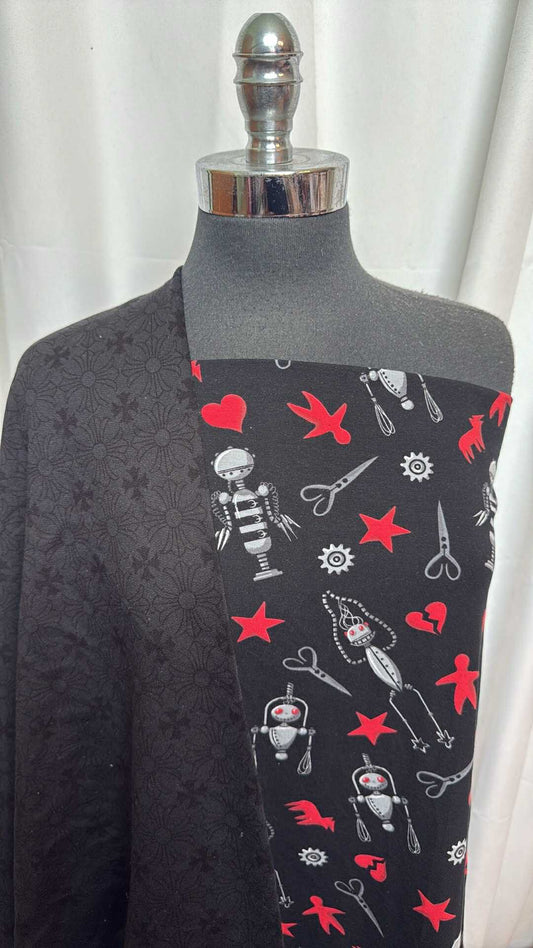 BLACK/RED SCISSOR ROBOT BUNDLE : 2YD Black/Red Scissor Robot C/S & 1YD Black Flower Cotton FT : A28082