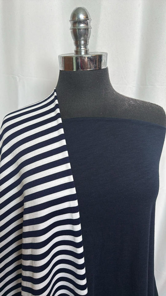 NAVY/STRIPE BUNDLE : 2YD Navy Slub R/S & 2YD Navy Stripe Yarn-Dyed Ponte : A29950