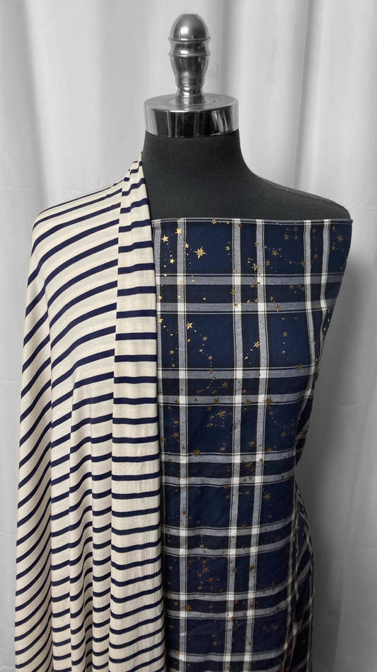 PLAID/STRIPE BUNDLE : 2YD Plaid w/Foil Stars Rayon Woven & 2YD Stripe Bamboo : A25135