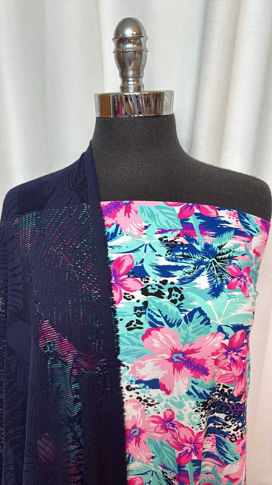 TROPICAL LEAVES/NAVY MESH BUNDLE : 1YD Tropical N/S & 2YD Navy Leaves N/S Mesh : A28823