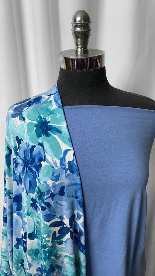 BLUE/WATERCOLOR FLORAL BUNDLE : 2YD Watercolor Floral Modal/Spandex & 2YD Light Blue C/S : A25005