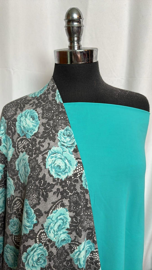 TURQUOISE/LACE FLORAL BUNDLE : 2YD Turquoise Supplex & 2YD Lace/Floral PRS FT : A30022
