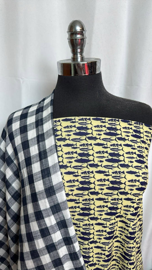FISH/NAVY PLAID BUNDLE : 1YD Fish N/S Swim & 1YD Navy Plaid Cotton Double-Gauze : A30077