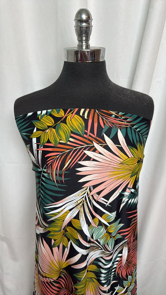 Tropical Leaves on Black - Nylon/Spandex Swim- 1 Yard Cut