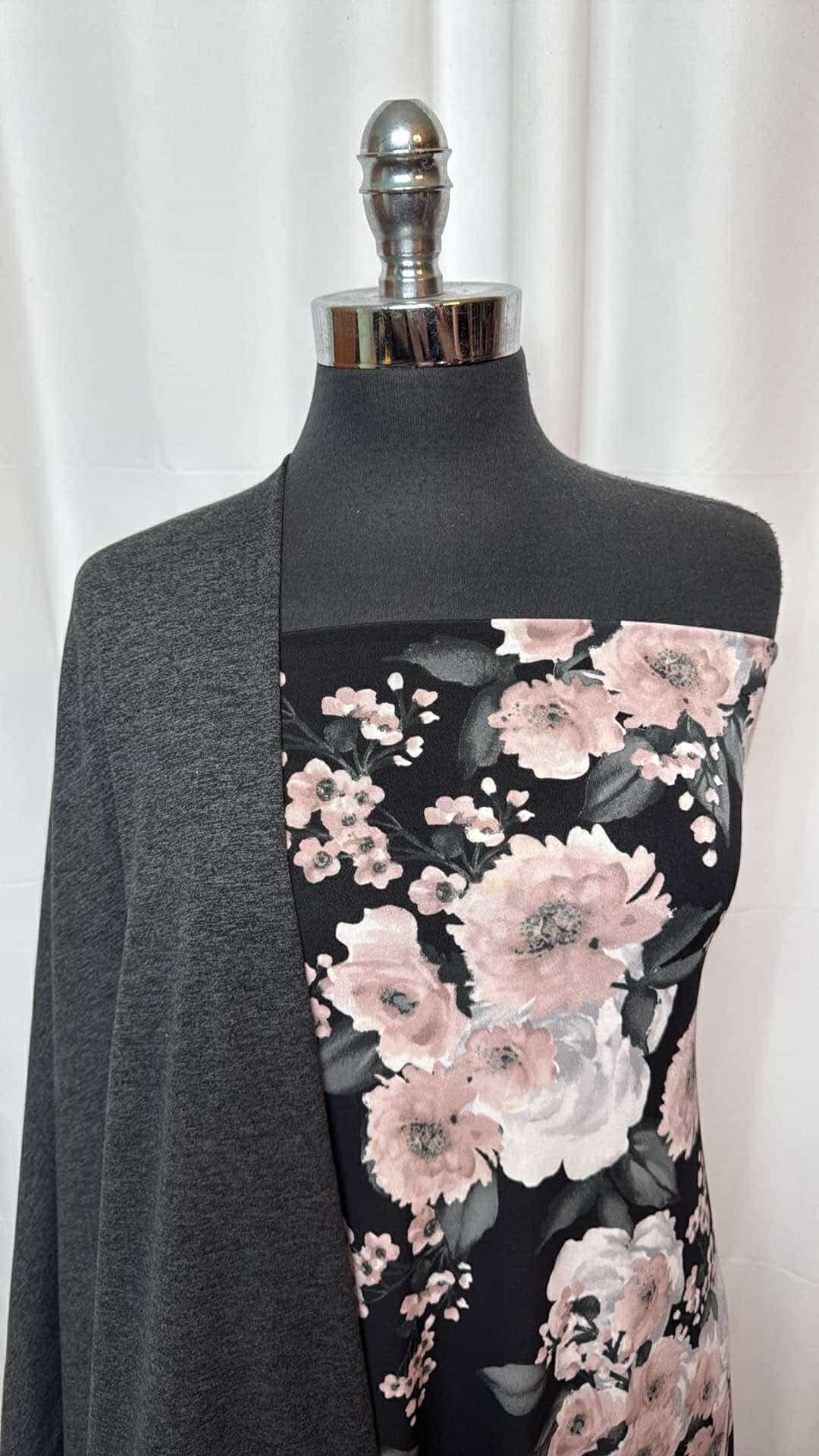 CHARCOAL/PINK FLORAL BUNDLE : 1.5YD Black/Pink Floral ITY  & 2YD Charcoal 2-Tone Peached PF : A26976