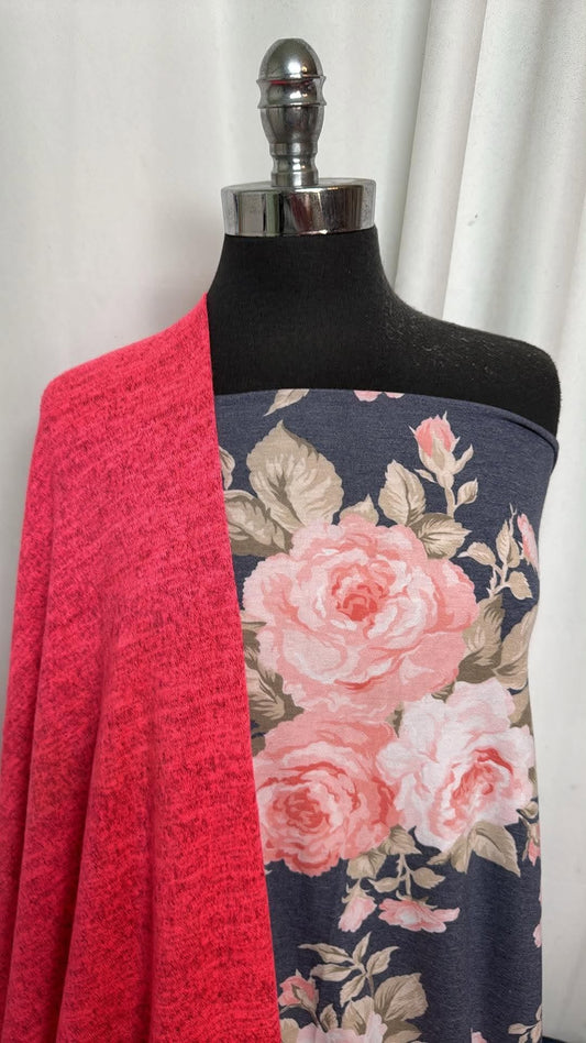 NAVY FLORAL/HACCI SWEATER BUNDLE : 2YD Navy Floral PRS Jersey & 1.5YD Brushed Hacci SK : A30996