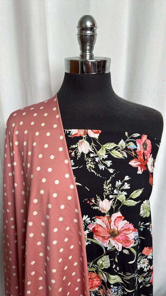 BLACK FLORAL/PINK DOT BUNDLE : 1YD Pink Dot N/S Swim & 2YD Black Floral N/S Swim : A29612