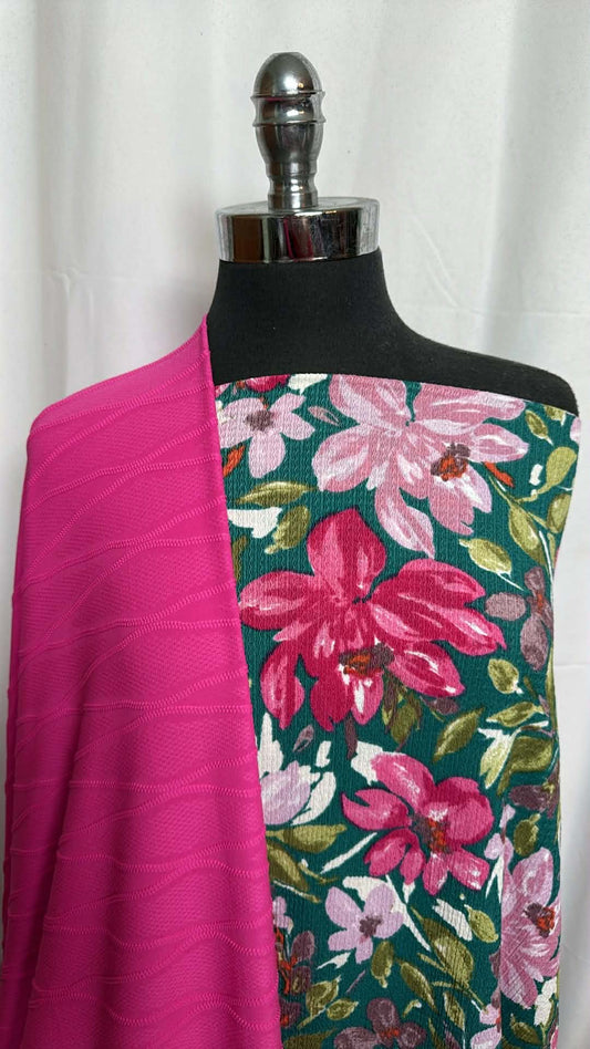 TEXTURED PINK/GREEN FLORAL BUNDLE : 3+YD Green Floral Textured Poly Woven & 2.5YD Pink Textured ITY : A29727