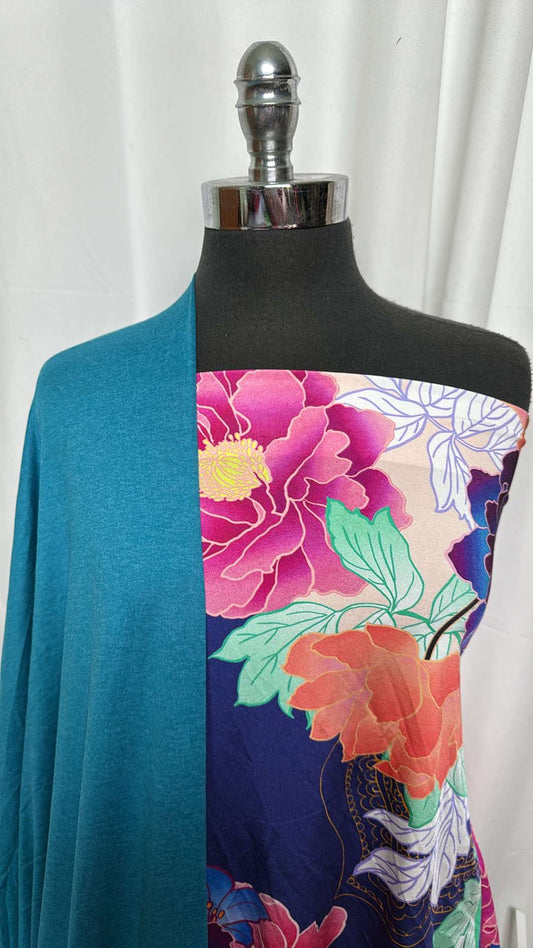 TEAL/FLORAL PANELS BUNDLE : Two 24" Panels of Floral Designer N/S & 2YD Teal Featherweight PF : A27277