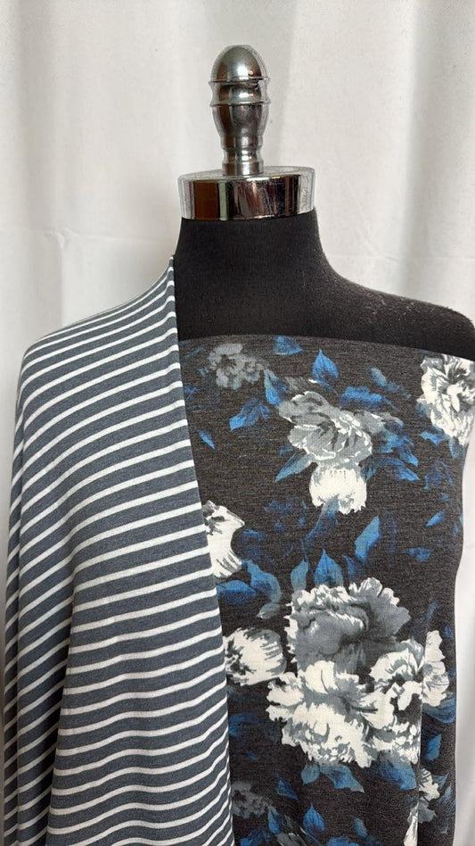 STRIPE/CHARCOAL-BLUE FLORAL BUNDLE : 2YD Stripe PRS FT & 2YD Charcoal/Blue Floral PRS FT : A30023
