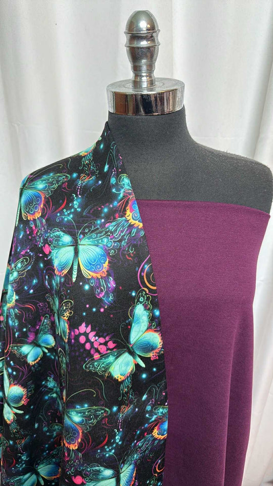 BLACKBERRY/NEON GLOW BUTTERFLY BUNDLE : 2YD Neon Glow Butterfly Poly Fleece & 1+YD Blackberry Heather Peached PF : A28083