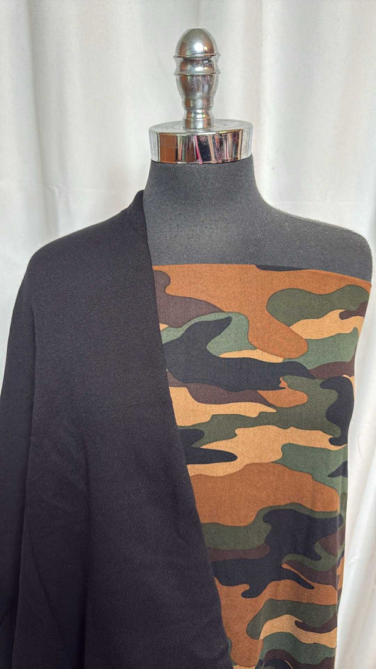 BLACK SWEATSHIRT/CAMO BUNDLE : 2YD Camo DBP & 1YD Black Sweatshirt Fleece (72" Wide) : A28584