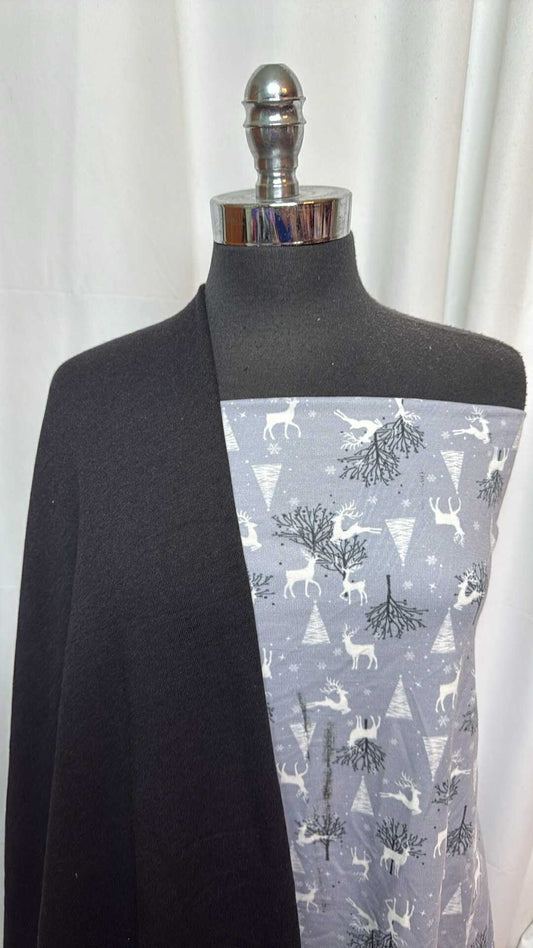 BLACK/SILVER DEER BUNDLE : 2YD Silver Deer PRS FT & 2YD Black Sweatshirt Fleece (72" Wide) : A27764