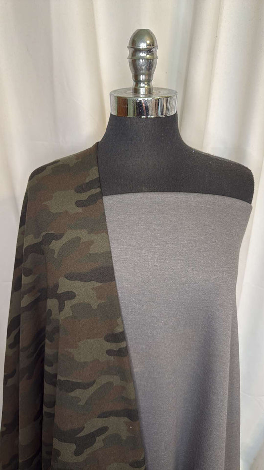 CAMO/POLARTEC BUNDLE : 2YD Camo Sweatshirt Fleece (72" Wide) & 2YD Grey Polartec : A26760