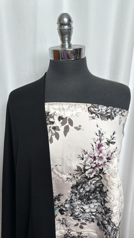 BLACK MERINO/FLORAL BUNDLE : 1+YD Floral Stretch Cotton Woven & 1.5YD Black 100% Merino Wool Interlock : A27059