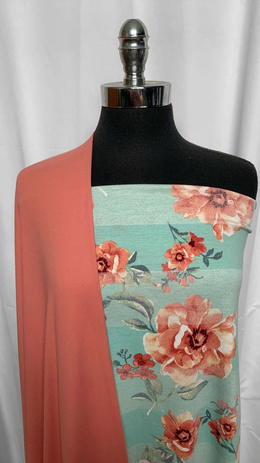 SALMON/MINT FLORAL BUNDLE : 2YD Mint Stripe/Floral PRS Jersey & 2YD Salmon DBP : A25799