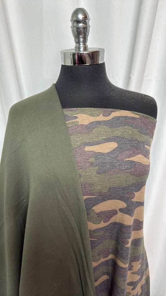 OLIVE/CAMO BUNDLE : 2YD Camo PRS FT & 2YD Olive Brushed Sweatshirt Fleece (72" Wide) : A30673